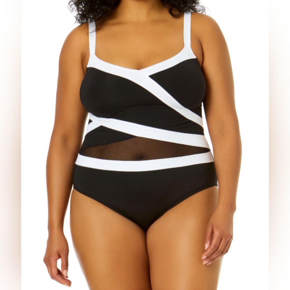 Anne Cole Plus Siz Contrast-Trim Mesh-Insert One-Piece Swimsuit - Meshing Around